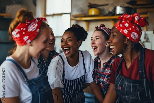 Group of diverse women wearing aprons and bandanas laughing together in a kitchen. Women's Day, feminism. Rosie the Riveter. Small business, teamwork.