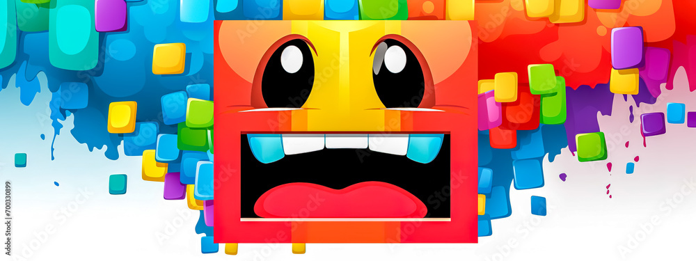 An imaginative and colorful depiction of pixel art, showing a whimsical character with a big mouth and eyes amidst a cascade of vibrant melting cubes An imaginative and colorful depiction of pixel art, showing a whimsical character with a big mouth and eyes amidst a cascade of vibrant melting cubes
