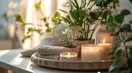 a tray with candles and towels, pots of flowers and plants on it