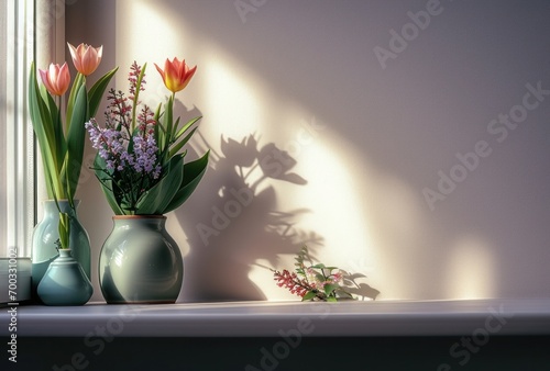 a window sill with vases of tulips and hyacinths
