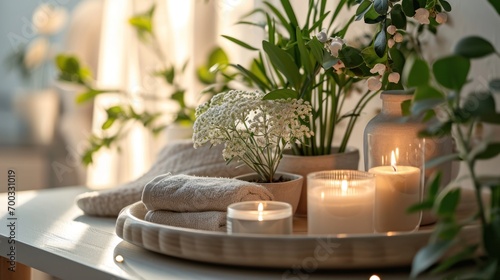 a tray with candles and towels, pots of flowers and plants on it © olegganko