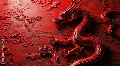a red dragon art print is on the background of a red patterned red background