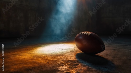 An American football in a spotlight with a dark, moody background, emphasizing the drama of game night.