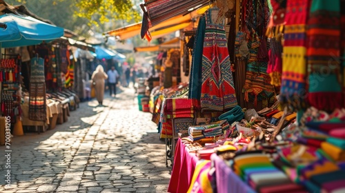 An outdoor flea market with colorful stalls and diverse merchandise, representing culture and commerce. © Bijac