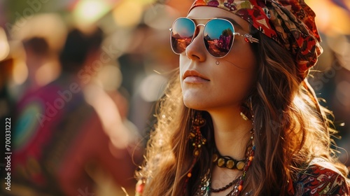 Fotografie, Obraz Female model as a 1960s hippie at a music festival, freedom and vintage fashion
