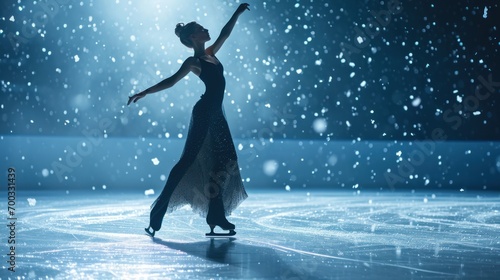 Female model as a professional ice skater in a winter show, elegance and performance.
