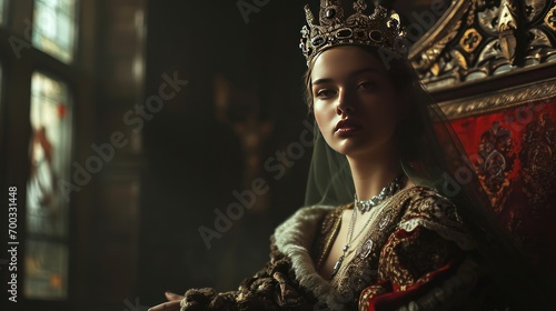 Female model as a regal queen in a medieval fantasy setting, majesty and power.