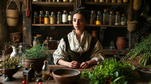 Female model as a Renaissance herbalist in a medieval apothecary  ancient knowledge and nature.