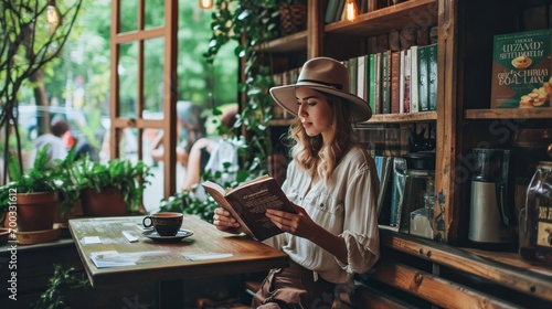 Female model in a coffee shop reading a book, casual relaxation theme.