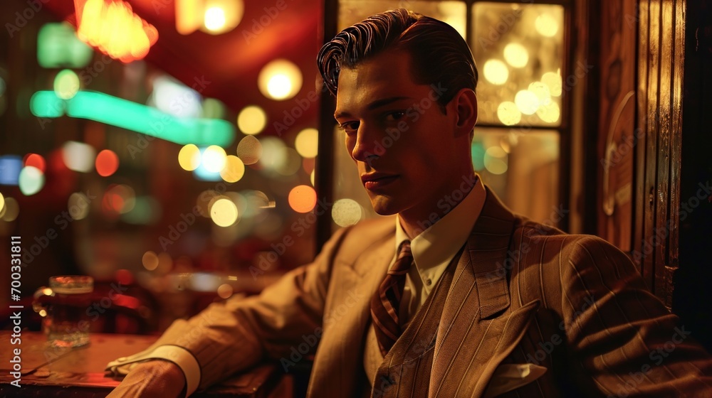 Male model as a 1940s jazz club owner in a bustling city, music and nightlife.