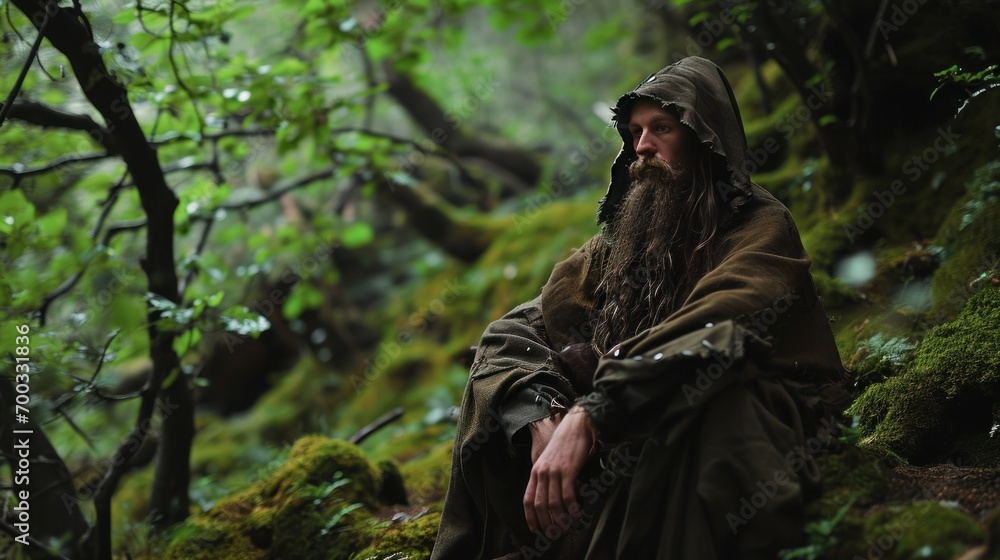 Male model as a Celtic druid in an ancient forest, mysticism and tradition.