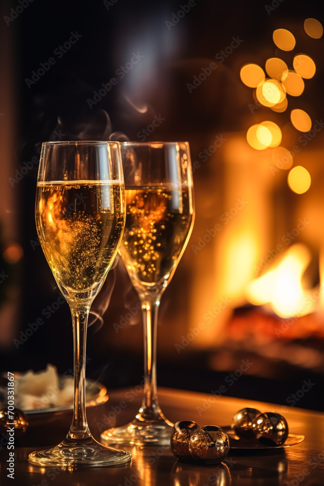 Sparkling wine, proseco or champagne in front of a fireplace on a holiday eve celebration, Merry Christmas, Happy New Year and Happy Holidays Sparkling wine, proseco or champagne in front of a fireplace on a holiday eve celebration, Merry Christmas, Happy New Year and Happy Holidays