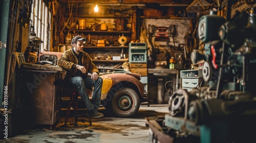Male model as a classic car enthusiast in a garage, vintage charm and mechanics. photo