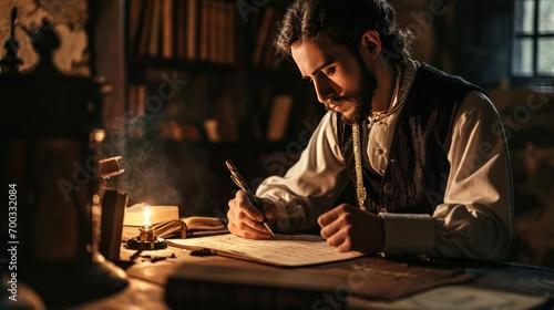 Male model as a master calligrapher in an ancient scriptorium, precision and heritage.