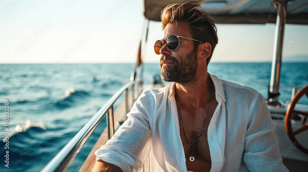 Male model sailing on a yacht, luxury and nautical adventure. Male model sailing on a yacht, luxury and nautical adventure.