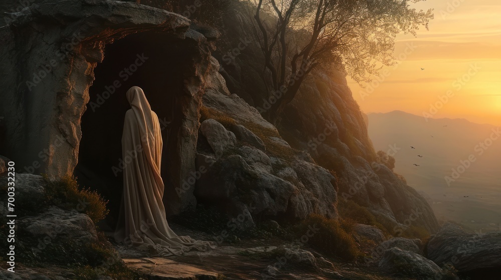 Mary Magdalene at the tomb, a mixture of sadness and hope in a dawn setting - obrazy, fototapety, plakaty 