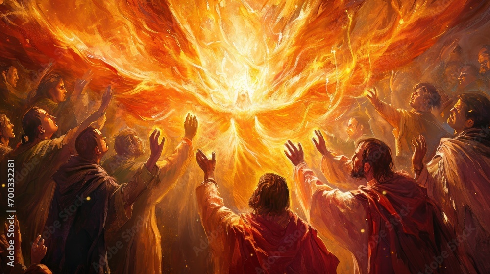 Vibrant scene of Pentecost with disciples receiving the Holy Spirit Vibrant scene of Pentecost with disciples receiving the Holy Spirit