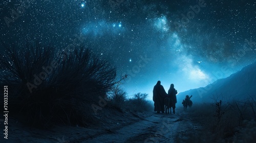 Serene image of the Holy Family journeying to Bethlehem  under a starlit sky