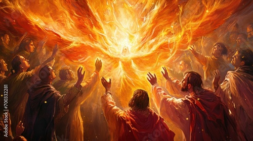 Vibrant scene of Pentecost with disciples receiving the Holy Spirit, depicted with dynamic flames and light photo