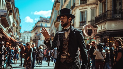Male model as a street magician in a bustling city square, entertainment and mystery.