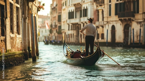Male model as a traditional Venetian gondolier on the Grand Canal, culture and romance. © Bijac