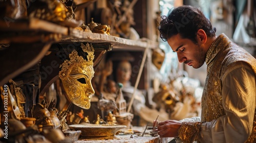 Male model as a Venetian mask artisan in a traditional workshop, craftsmanship and culture. © Bijac