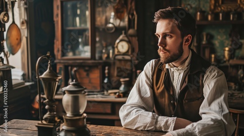 Male model as a Victorian inventor in his workshop, ingenuity and history. photo