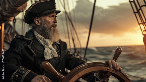 Male model as a Victorian-era ship captain, seafaring and exploration.