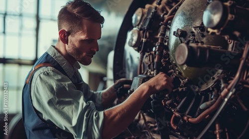 Male model as a vintage airplane mechanic, engineering and nostalgia. photo