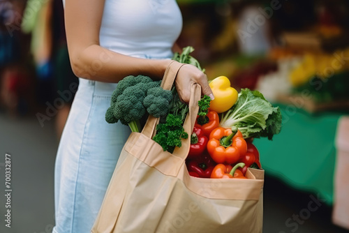 Woman hands holding reusable cotton shopping bag with vegetables in street farmers market. Sustainable lifestyle, healthy food concept photo