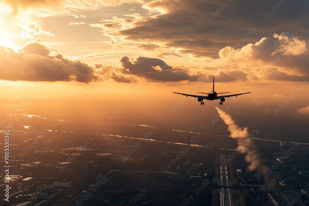 Naklejka premium glittering civilian aircraft flying over an urban landscape leaves a trail of condensation and an impression of freedom in the sky during the beginning of a wonderful sunset