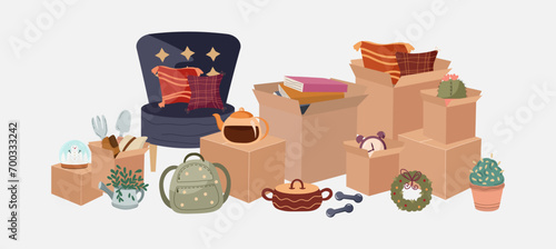 Pile of cardboard box moving to new house. Decorative objects, sofa, books, plants. Vector illustration
