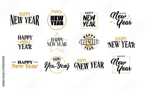 Happy new year lettering card. Gold and black.