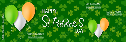 St.Patrick's Day vector banner template. Green pattern background with colorful clover leaves