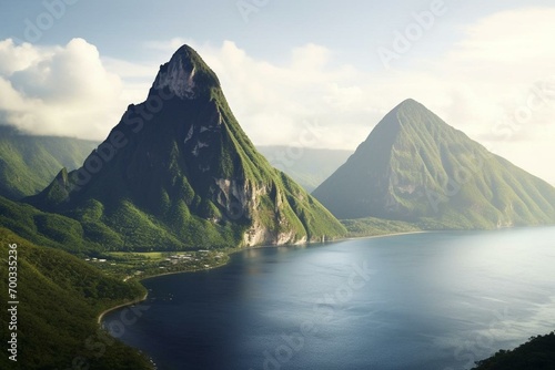 A wide view of two majestic peaks in Saint Lucia, Caribbean. Generative AI © Amalthea