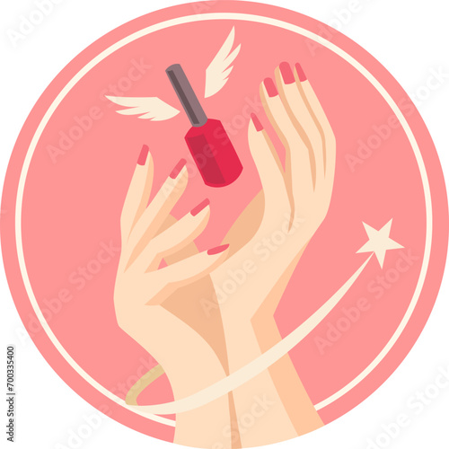 Manicure logo for nail art salon vector image. Two hands holding red nail polish bottle with wings and flying star around in pink peach design
