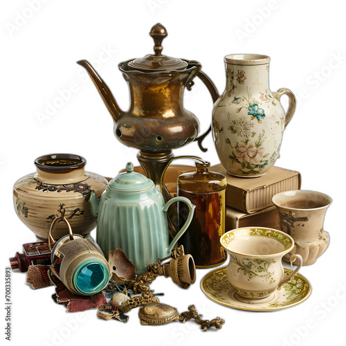 Thrift store finds isolated on transparent or white background, png
