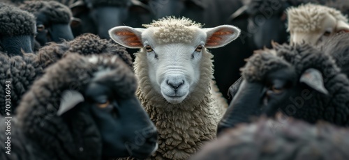 A Unique White Sheep Amongst a Flock of Black Sheep, Standing Out in a Rural Pasture photo