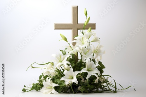 cross with lilies isolated on white background