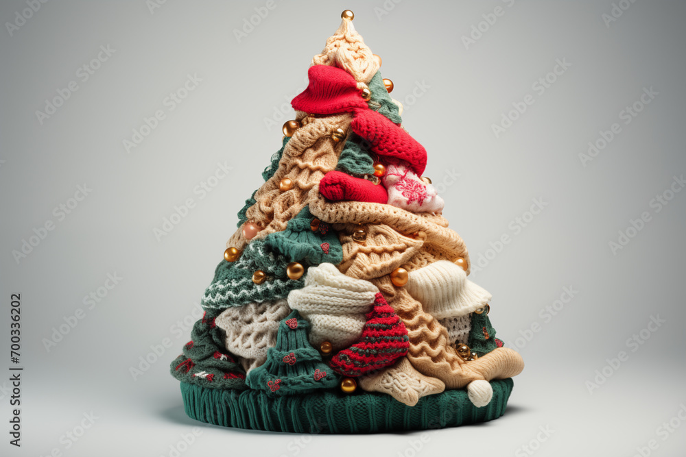 Creative knitted multicolor Christmas tree stand isolated on a white background