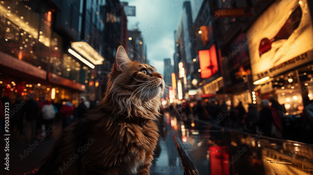 A Maine Coon majestic long haired cat looks up mesmerized by the glowing city lights at dusk with bustling crowds and neon signs reflected on a wet street. - obrazy, fototapety, plakaty 
