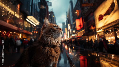 A Maine Coon majestic long haired cat looks up mesmerized by the glowing city lights at dusk with bustling crowds and neon signs reflected on a wet street. photo