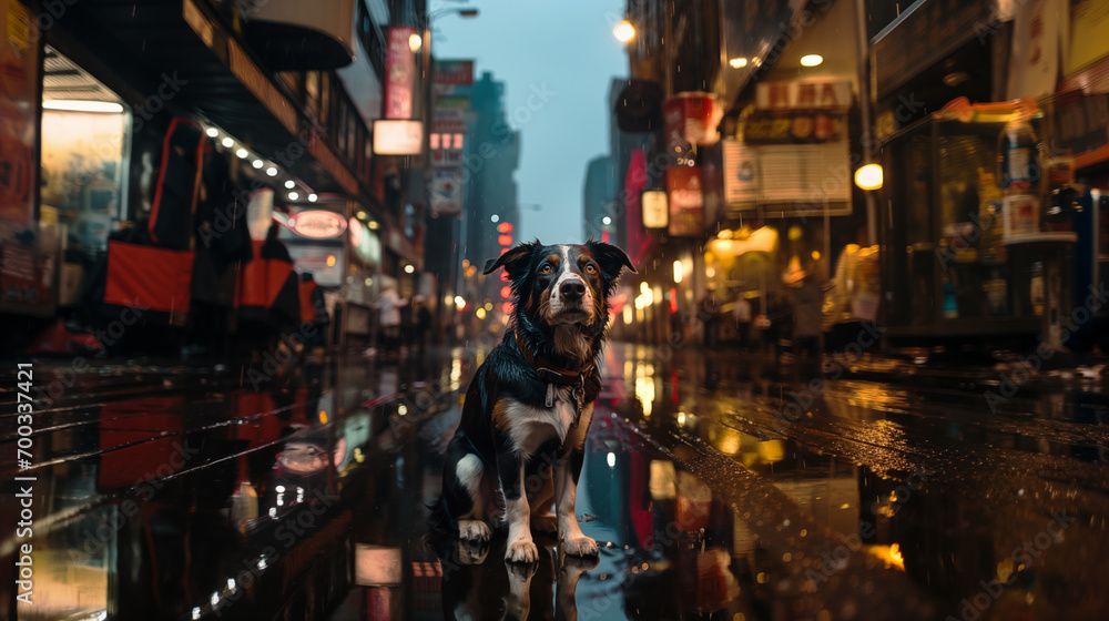 A black and brown dog with a wet coat stands alert on a rain-soaked street gleaming with reflections from surrounding city lights at night