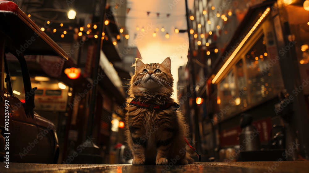 A majestic long haired cat with a leash sits on a wet street gazing upward with warm street lights and a dusky sky in the background