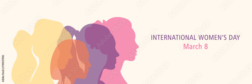 Horizontal banner for International Women's Day. Silhouettes of women of different nationalities standing side by side.Vector illustration. - obrazy, fototapety, plakaty 
