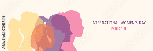 Horizontal banner for International Women's Day. Silhouettes of women of different nationalities standing side by side.Vector illustration. photo