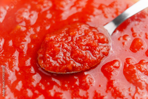 Red fresh tomato sauce in spoon. Traditional italian recipe. © Pavel Iarunichev