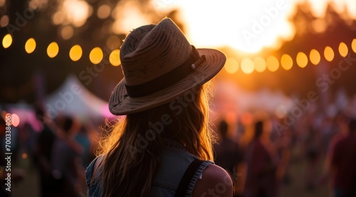 a woman hat overlooks the crowd at a festival