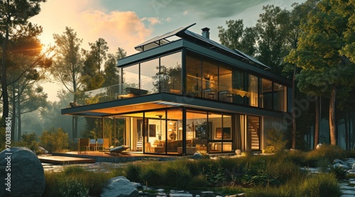 an architectural render showing a house with solar panels