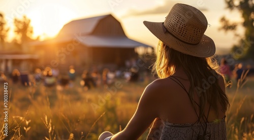 a woman outdoors, sitting in a straw hat watching an old barn at sunset photo